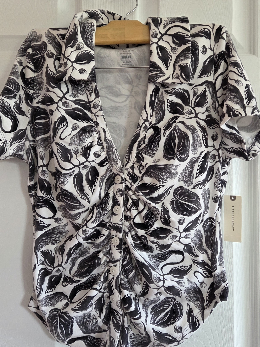 Anthropologie Black & White Botanical Ruched Button-Down Top